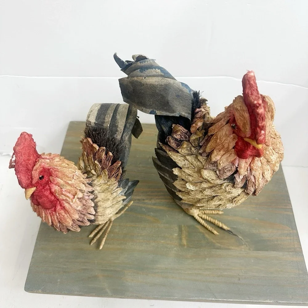 Set / 2 Vintage Paper Mache Rooster Chicken Hen Multi-colored Raffia Lightweight